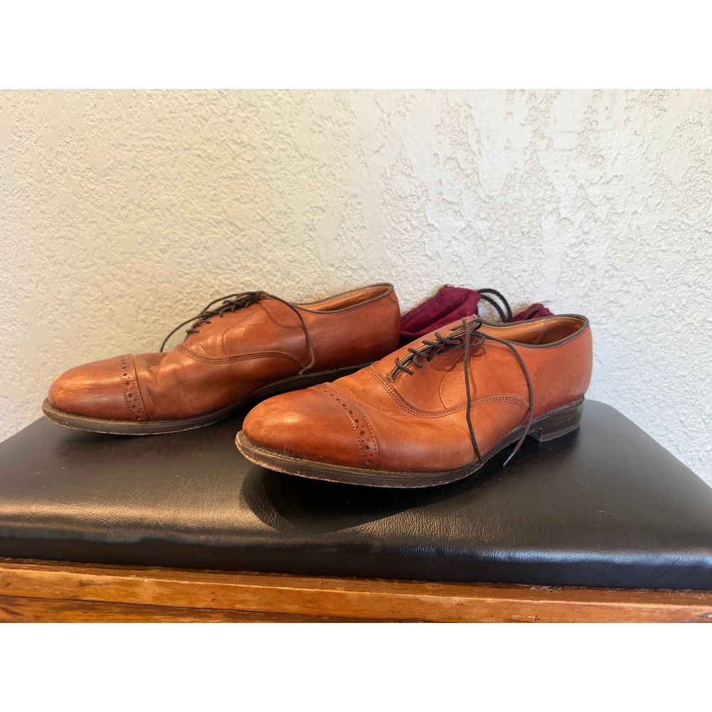 Allen Edmonds Byron Mens Cognac Brown Leather Brogue Cap Toe Oxford Shoes USA